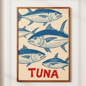 Tuna Print Tuna Tin Vintage Poster | Retro Tuna Wall Art Fish Print | Eclectic Wall Art Colorful Kitchen Art | Fisher Poster | Seafood print