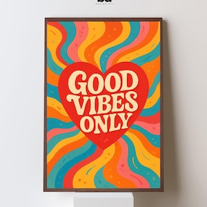 Good Vibes Only Retro Wall Art | 70s Hippie Psychedelic Print | Groovy Positive Quote Poster | Colorful Boho Room Decor