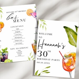 Modèle de menu de bar modifiable + Plaque de bienvenue gratuite | Carte de cocktails botaniques Toile | 30e anniversaire, douche nuptiale, décoration d'enterrement de vie de jeune fille