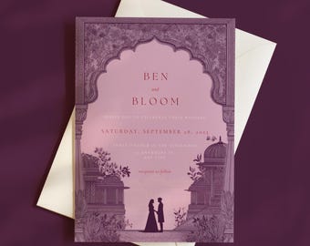 Indian Wedding Invitation: Purple Arch Design, Mandap Silhouette Artwork (Canva Download)