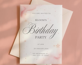 Blush Pink Star Birthday Invitation: Watercolor Celestial Template (Digital Download