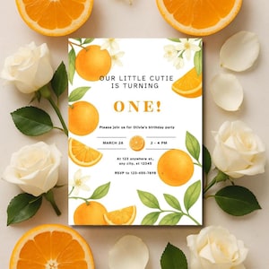 Faire-part Petite mignonne fête ses débuts | Invitation orange pour le 1er anniversaire | de Fête pour petite fille aux agrumes | Modifiable Imprimable