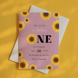 Sunflower First Birthday Invitation: Pink & Yellow Floral Template (Digital Download)