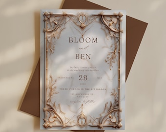 Elegant Wedding Invitation: Gold Filigree Frame, Marble Background (Canva Download)