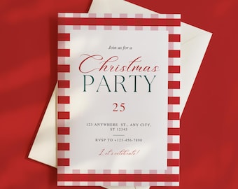Christmas Party Invitation: Red Gingham Border, Holiday Template (Canva Download)