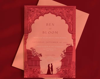Minimalist Indian Wedding Invitation: Red Mandap Line Art, Couple Silhouette (Canva Download)