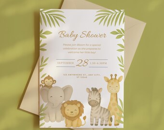 Watercolor Jungle Animals Baby Shower Invitation: Editable Safari Theme (Digital Download)