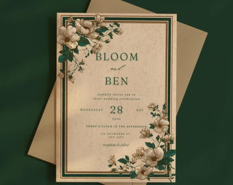 Elegant Green Floral Wedding Invitation Template: Vintage Botanical Design (Canva Downloadable PDF, PNG, JPG)