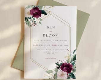 Burgundy Floral Wedding Invitation Template: Editable Gold Frame Design (Canva Template)