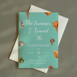 May include: A teal birthday invitation with seashell illustrations and the text "The Summer I Turned 16". The invitation includes the date, time, and RSVP information. The invitation is placed inside a white envelope.