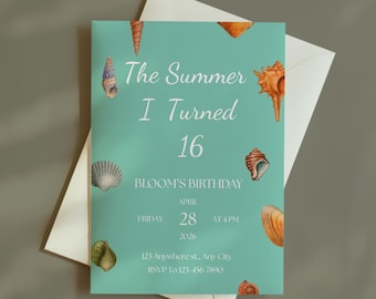 Beach Theme Sweet 16 Invitation: Editable Canva Template (Digital Download