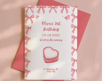 Pink Bow Birthday Invitation: Editable Coquette Party Invite (Canva Template, Digital Download)