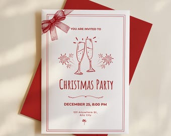 Minimalist Christmas Party Invitation: Red Line Art, Champagne (Canva Download)