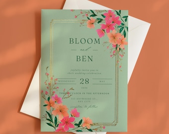 Green Floral Wedding Invitation: Editable Canva Template (Instant Download)