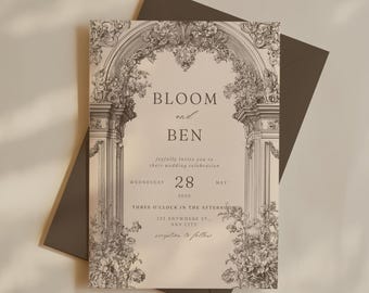 Vintage Wedding Invitation: Cream Floral Arch, Line Art Frame (Canva Download)