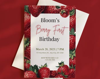 Strawberry First Birthday Invitation Girl: Editable Summer Party Invite (Digital Download)