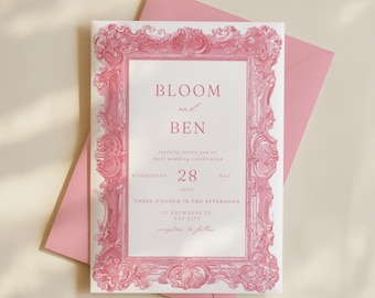 Wedding Invitation: Pink Ornate Frame, Baroque Border Design (Canva Download)