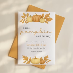 Editable Pumpkin Baby Shower Invitation | Fall Girl Baby Shower Template | A Little Pumpkin Is On Her Way | Instant Download | Autumn Invite