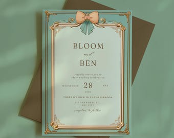 Vintage Wedding Invitation: Teal Bow Frame, Pastel Border (Canva Download)