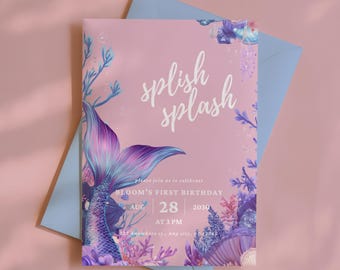 Mermaid First Birthday Invitation: Editable Under the Sea Party Template (Canva, Digital Download