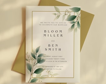 Minimalist Greenery Wedding Invitation Template: Elegant Botanical Canva Invite (Digital Download)