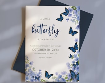 Butterfly Baby Shower Invitation: Blue Floral Canva Template (PDF Download