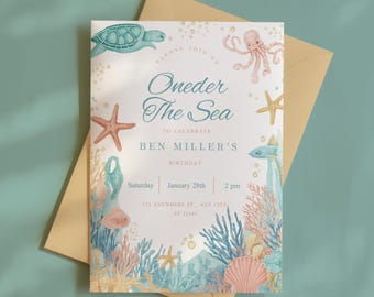 Under the Sea 1st Birthday Invitation: Ocean Animals Party, Editable Canva Template (Digital Download)