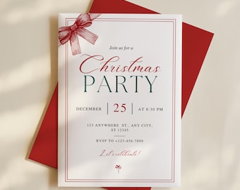 Red Bow Christmas Party Invitation: Elegant Holiday Invite (Canva Editable PDF Download)