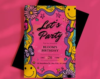 Smiley Face Birthday Invitation: Groovy Y2K Canva Template (Instant Download)