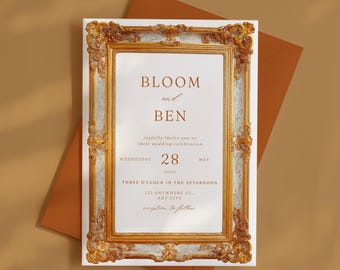 Elegant Wedding Invitation: Gold Ornate Frame, Minimal Typography (Canva Download)