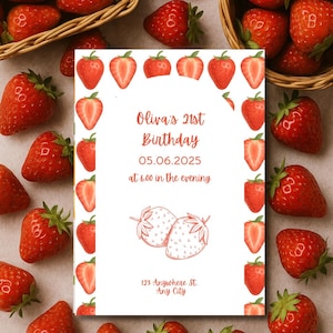 Invitación de cumpleaños de fresa / Invitación para el 21.º cumpleaños / Plantilla para fiesta de frutas de verano / Tarjeta Canva editable / Descarga digital imprimible