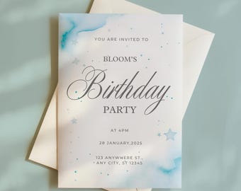 Blue Watercolor Birthday Invitation: Starry Canva Template (Digital Download)