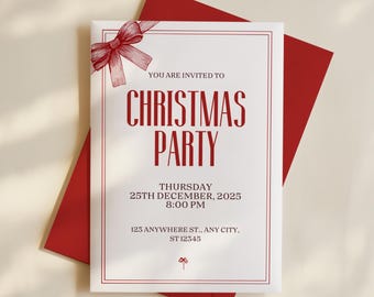 Editable Christmas Party Invitation: Red Bow Holiday Invite (Printable Canva Template)