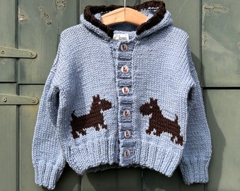 Hand knit blue Merino wool childrens sweater, knit unisex cardigan, baby sweater with dog detail, terrier dog buttons, 3-5 years