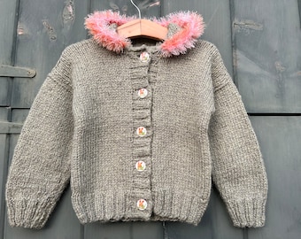 Hand knit baby alpaca sage green cardigan, unisex childrens sweater, Letter K buttons, dinosaur buttons, 2-3 years