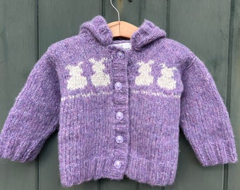 Hand knit purple alpaca childrens sweater, purple bunny kids sweater, knit baby cardigan, 9-12 months