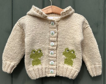 Hand knit alpaca baby sweater, frog pattern, off white childrens hoodie, frog buttons, 9-12 months