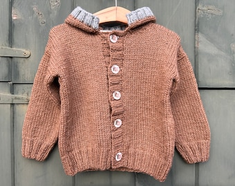 Hand knit brown wool children's sweater, unisex kids cardigan, Letter R buttons, 2-3 years