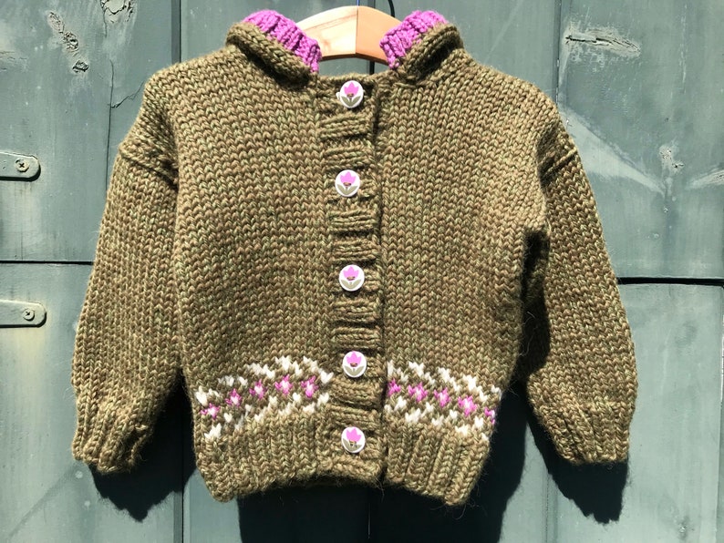 Hand knit baby alpaca tulip flower cardigan sweater, 12-18 months, baby sweater image 1