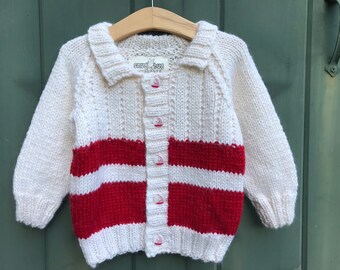 Hand knit red and white alpaca children sweater, 2-3 years, sailboat buttons