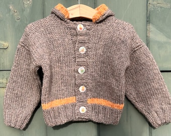 Hand knit light brown childrens sweater, organic wool, fun animal buttons, 9-12 months