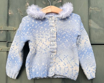 Hand knit blue and white toddler sweater, cotton and alpaca blend, 2-3 years, Letter G buttons