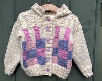 Hand knit merino wool toddler sweater, geometric purple and pink sweater, washable children sweater, 2-3 years