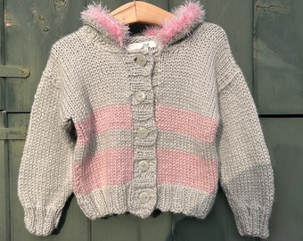 Hand knit pink and grey alpaca childrens sweater, silver glitter buttons, 12-18 months