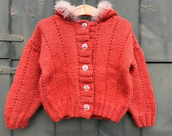 Hand knit burnt orange alpaca childrens sweater, girls cardigan, fuzzy trim hood, cat buttons, 3-5 years