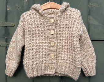 Handknit baby alpaca childrens cardigan, oatmeal baby sweater, plush sweater, soft and luxurious, 2-3 years