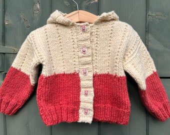 Hand knit off white baby sweater, off white and rust childrens sweater, bunny buttons, 9-12 months