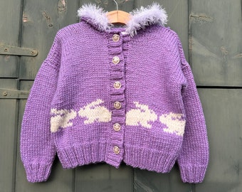 Hand knit purple sweater, bunny pattern, toddler sweater, 3-5 years