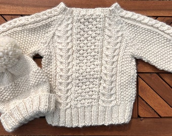 Classic hand knit Irish baby sweater, white Irish knit sweater, baby alpaca, 12-18 months