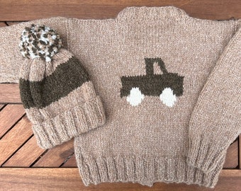 Handgestrickter Baby Alpaka Pullover für Kinder, handgemachte tan Trucks Strickjacke, Monstertruck Pullover, 2-3 Jahre